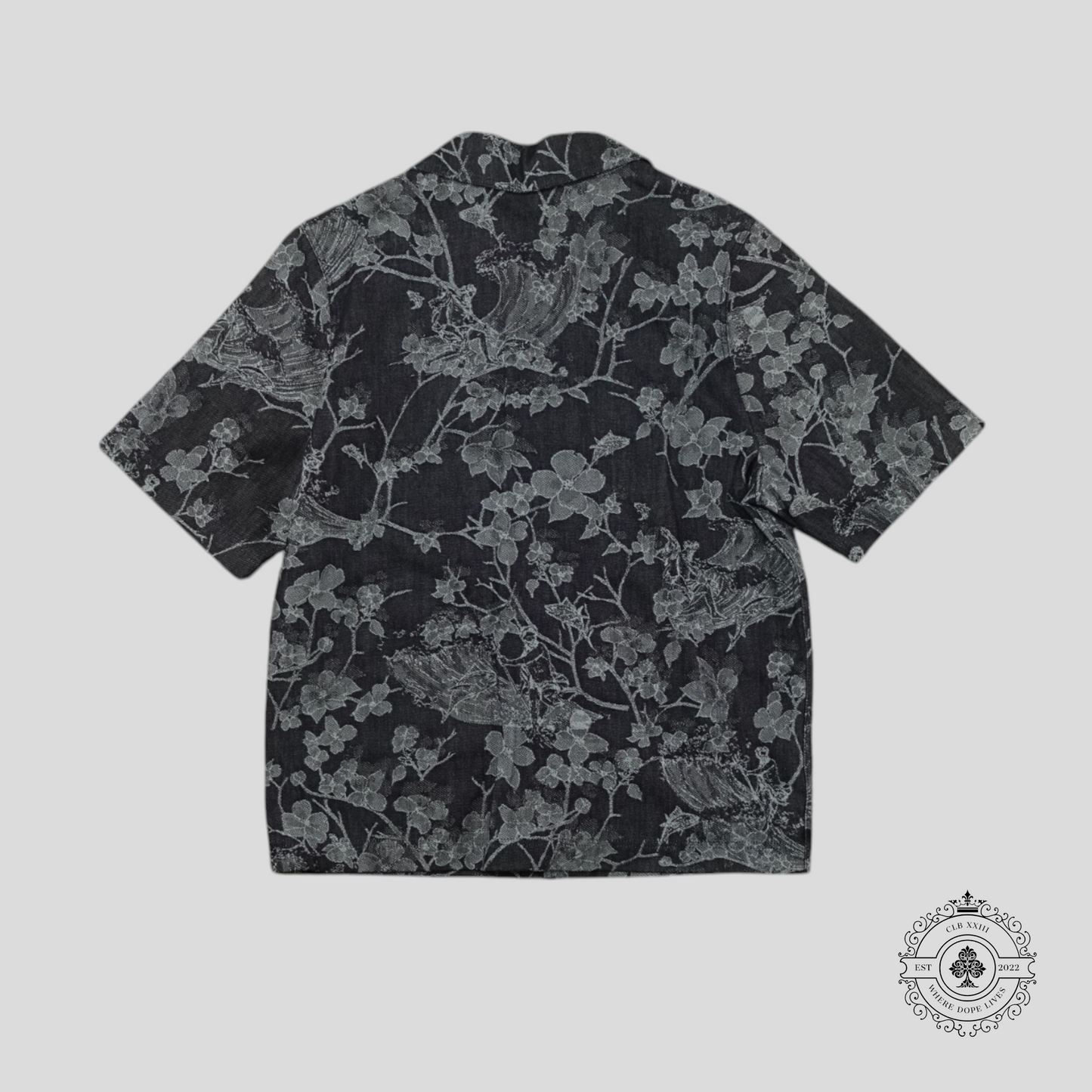 Louis Vuitton LV Waves Floral Jacquard Open Collar Button Up Denim Shirt in Blue