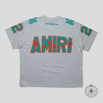 Amiri Palm Tree 22 Oversized Football T-Shirt in White/Mint Green/Orange