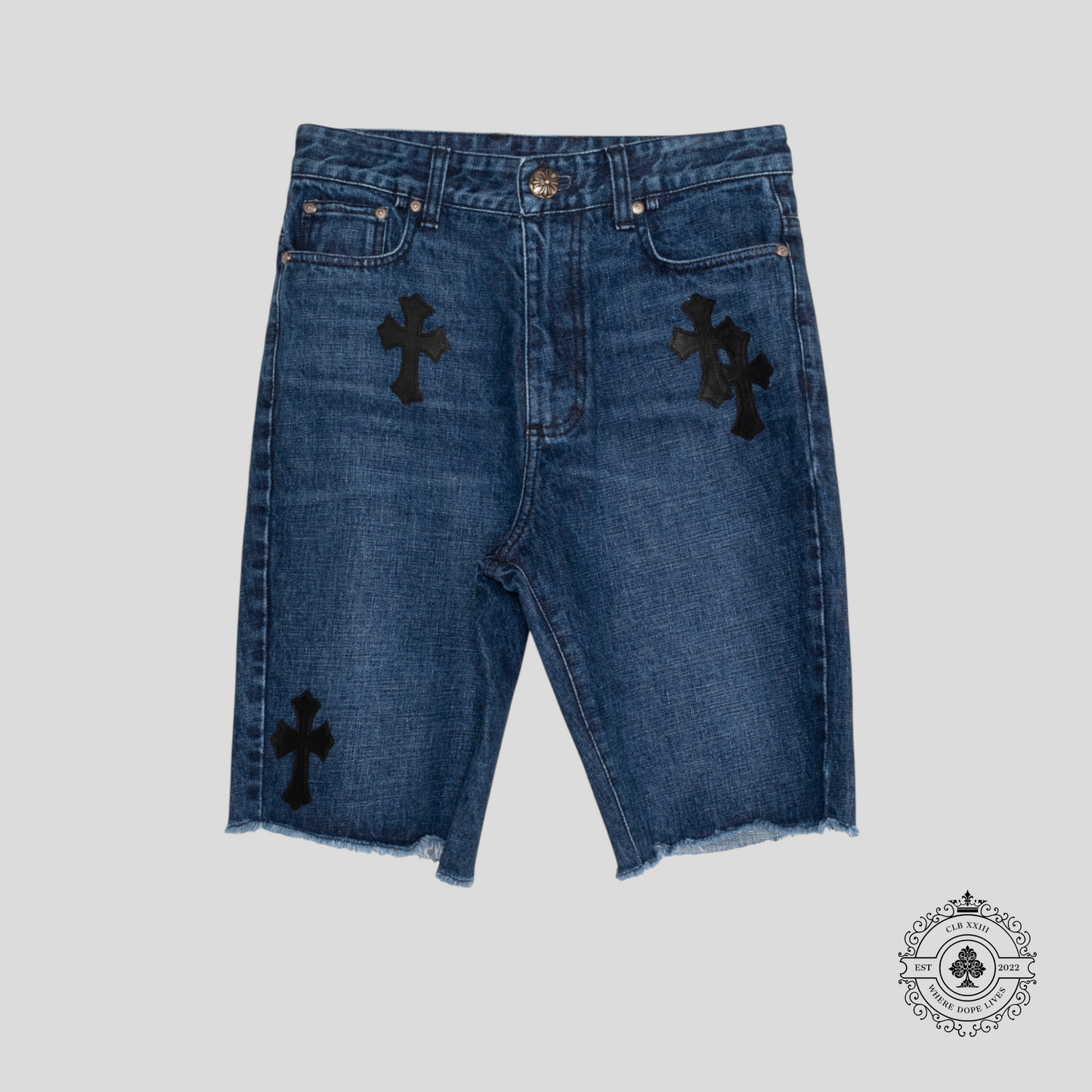 Chrome Hearts Leather Cross Patch Jean Shorts in Dark Wash