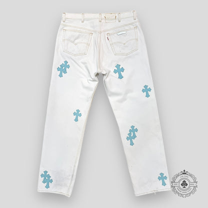 Chrome Hearts Cross Patch Jeans in White / Blue