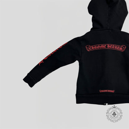 Chrome Hearts Scroll Logo Zip Up Kids Hoodie in Black/Red
