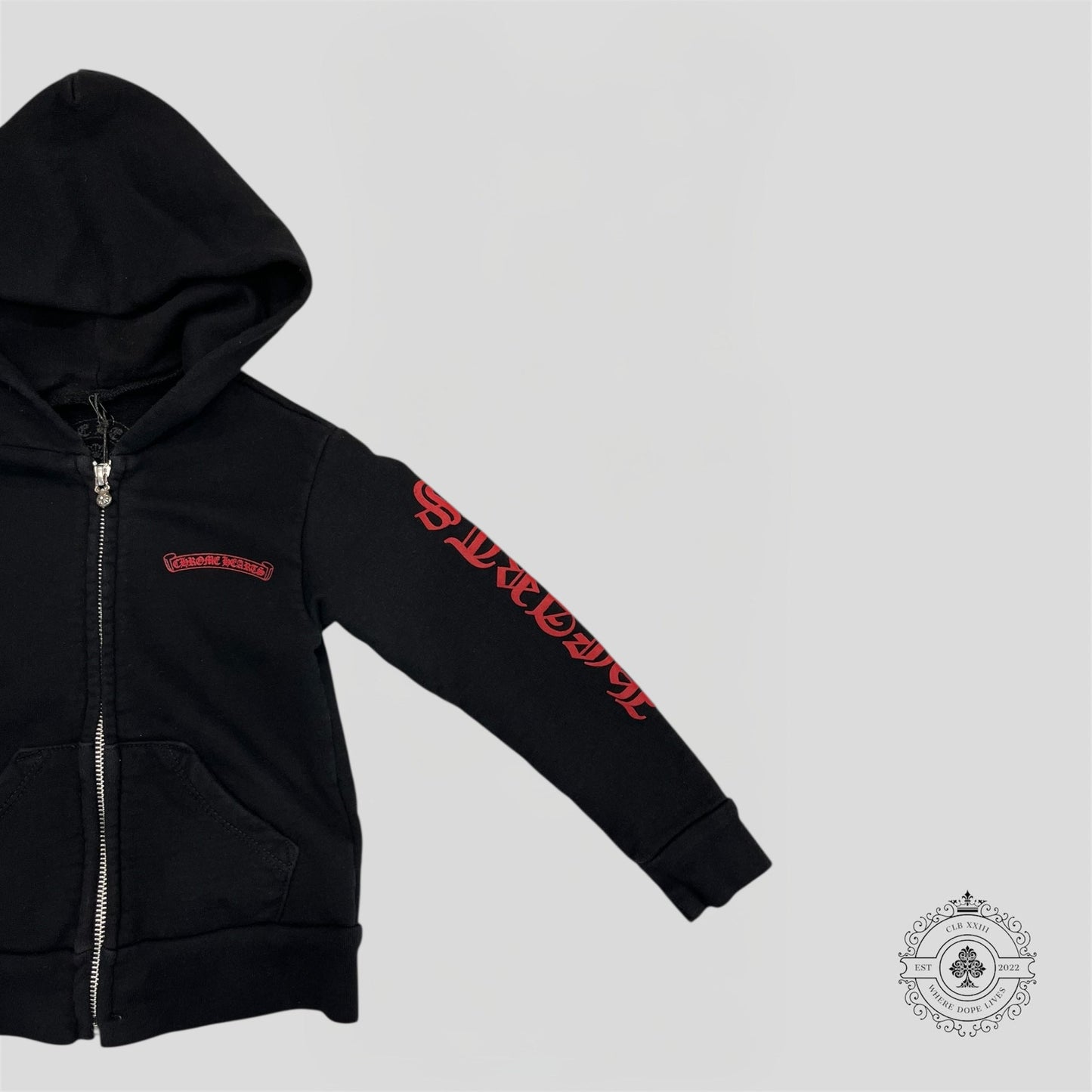 Chrome Hearts Scroll Logo Zip Up Kids Hoodie in Black/Red