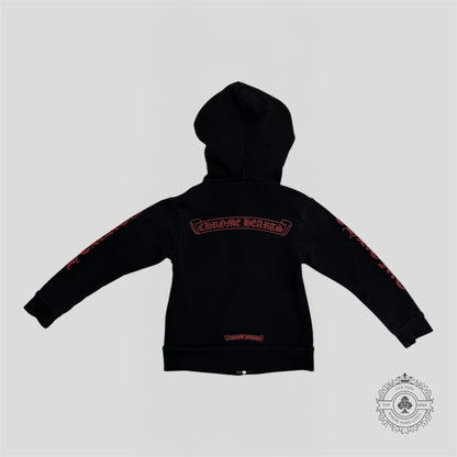 Chrome Hearts Scroll Logo Zip Up Kids Hoodie in Black/Red
