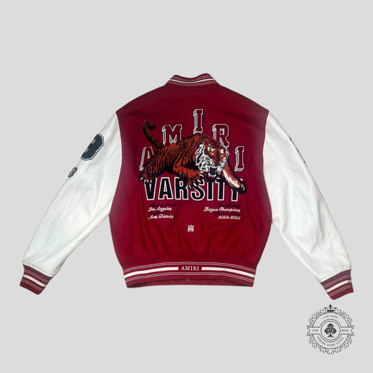 Amiri League of Champions Tiger Patch Varsity Jacket in Red/White