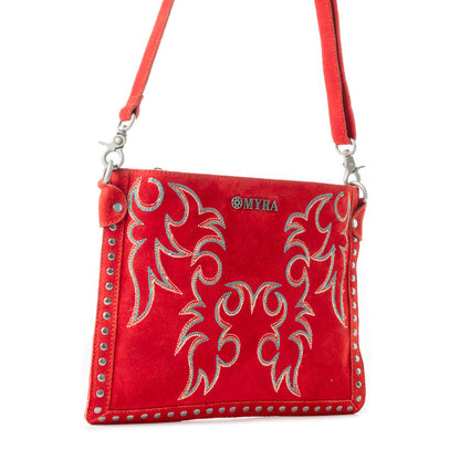 Myra Texas Rose Embroidered Leather Sling Bag for Women Suede Finish with Silver Studded Detail