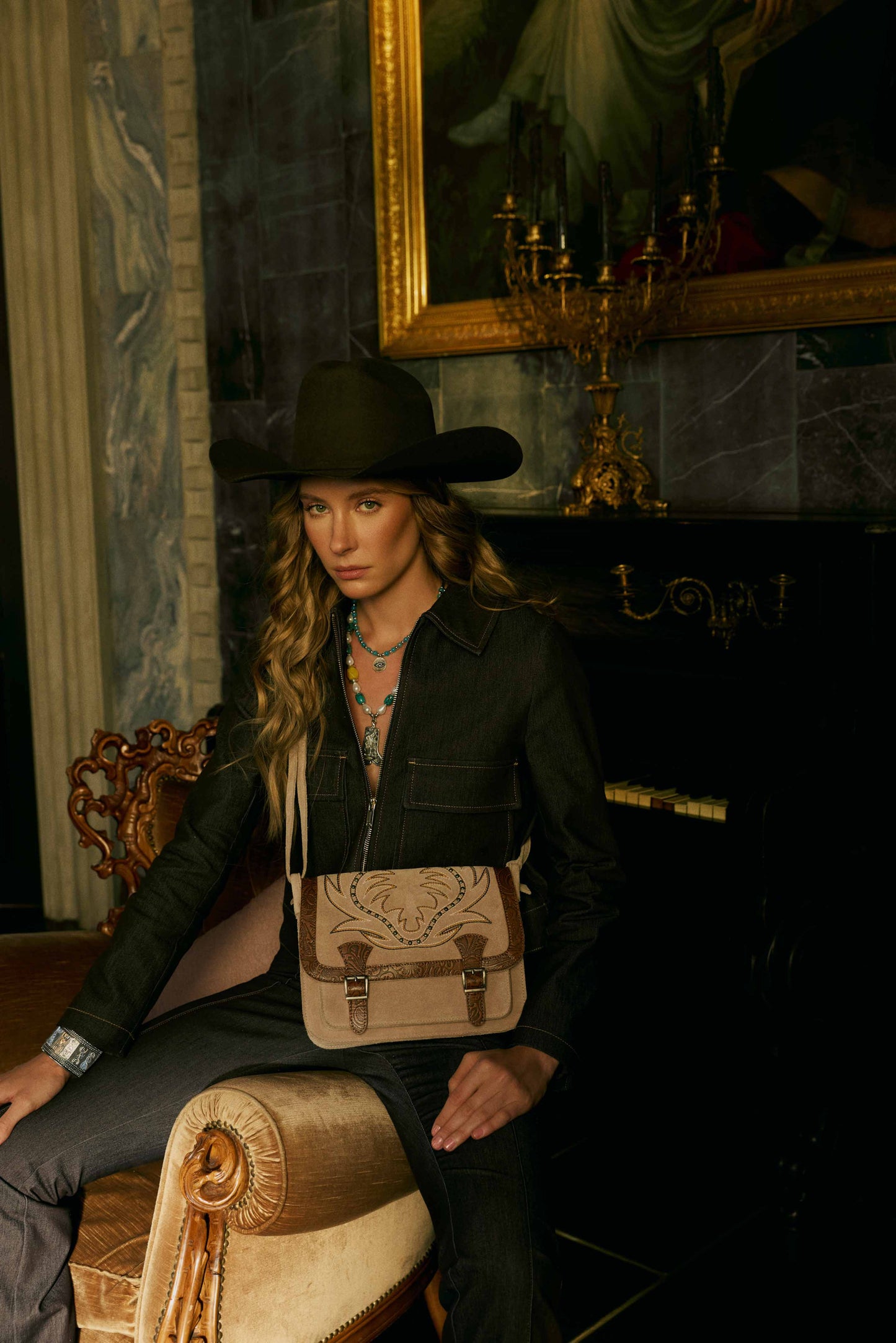Myra Amberwood Suede Leather Boot Embroidered Leather Bag in Amber