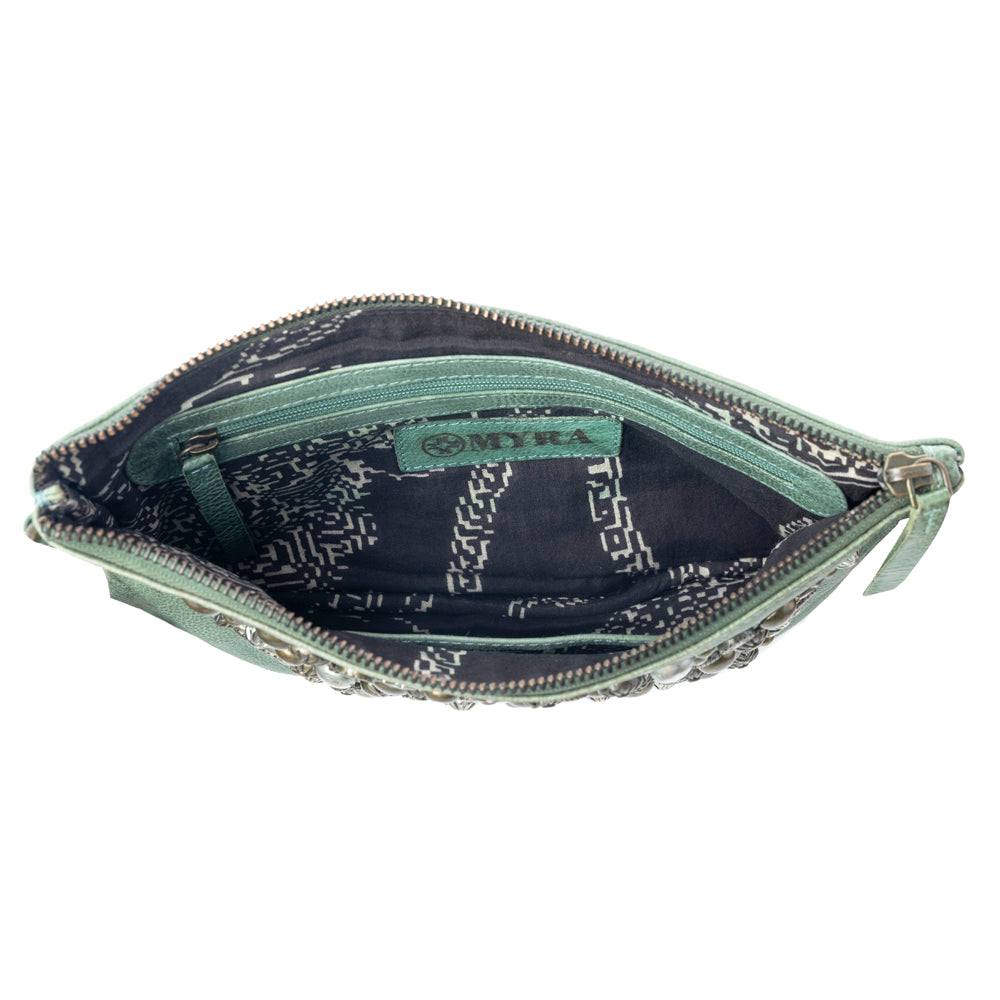 Myra Empire Green Studded Wash Leather Pouch in Desert Olive