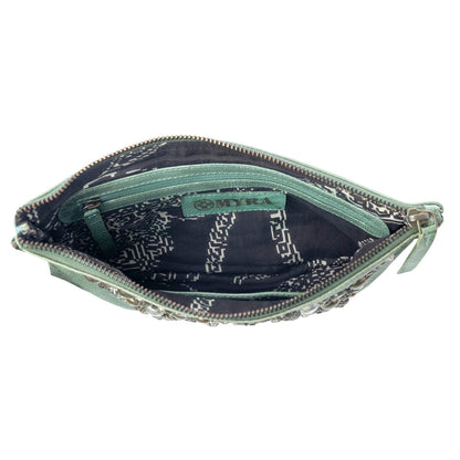 Myra Empire Green Studded Wash Leather Pouch in Desert Olive