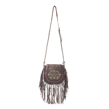 Myra Luna Belle Studded Leather Bag with Fringes in Maverick Mocha