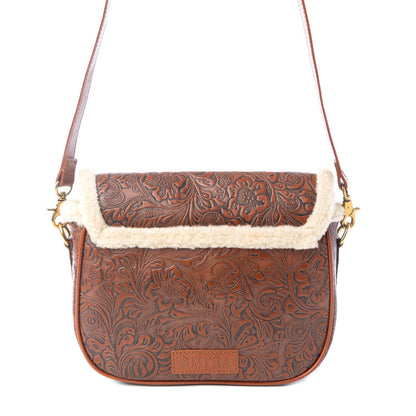Myra Alpine Rose Embossed Leather Crossbody Bag with Fur Accent in Chestnut Red