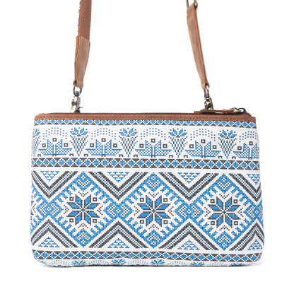 Myra Tribal Hollow Cotton & Leather Crossbody Bag in Indigo Frost