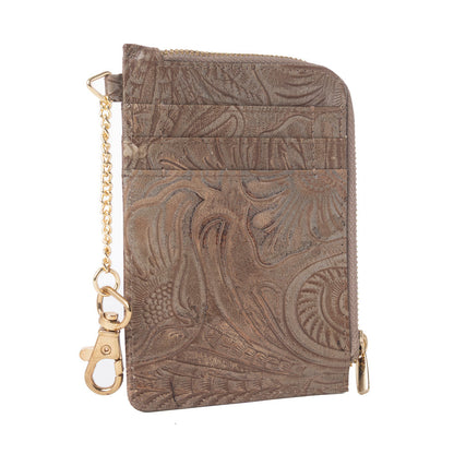 Myra Summer Grove Embossed Leather Credit Card Holder in Desert Taupe