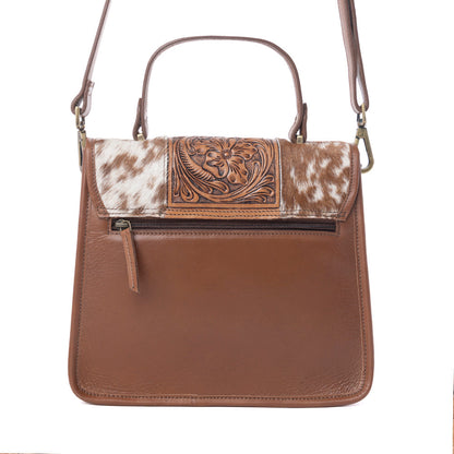 Myra Duchess Hairon Handtooled Flap and Button Leather Satchel in Mocha Cream