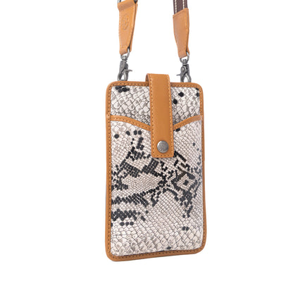 Myra Cedar Snake Print Leather Cell Phone Holder in Ebony Cream