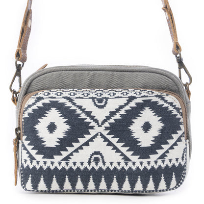 Myra Temptation Tribal Pattern Small Crossbody Bag for Women â€“ Geometric Canvas Front, Adjustable Leather Strap for Everyday Western Style