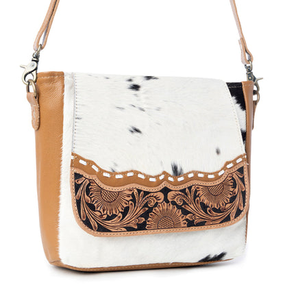 Myra Mangnifique Hairon Leather Crossbody Bag – Handtooled Flap, Concealed Carry Pocket & Adjustable Strap
