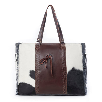 Myra Rosalinda Cross Stitched Hairon Leather Weekender Bag - Spacious Travel Tote with Stitch Trim and Durable Shoulder Straps