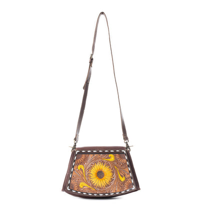 Showy Sunflower Trapezoid Hand-Tooled Bag