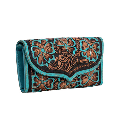 Myra Flower Crest Tooled Leather Wallet Floral Embossed with Turquoise Accents