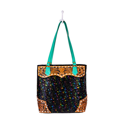 Myra Galaxy Fire Handtooled Shoulder Bag Black Sparkle Body with Aqua Leather Straps
