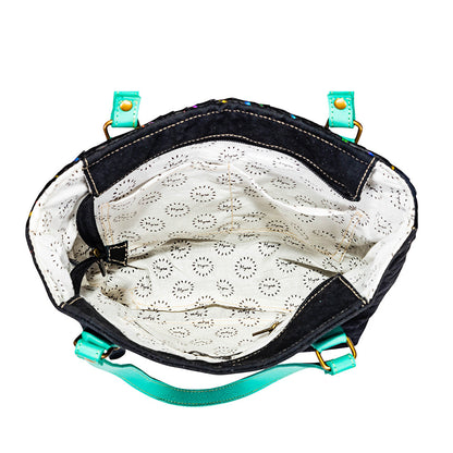 Myra Galaxy Fire Handtooled Shoulder Bag Black Sparkle Body with Aqua Leather Straps