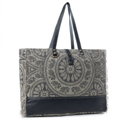 Myra Carmela Printed Canvas Weekender Bag â€“ Leather Handles with Buckle Strap, Spacious Travel Tote for Western Getaways