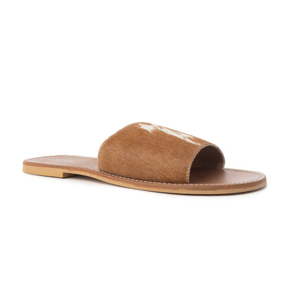 Myra Kemma Hairon Slide Sandals for Women â€“ Comfortable Flat Slides with Tan & White Speckle Print for Western Summer Outings
