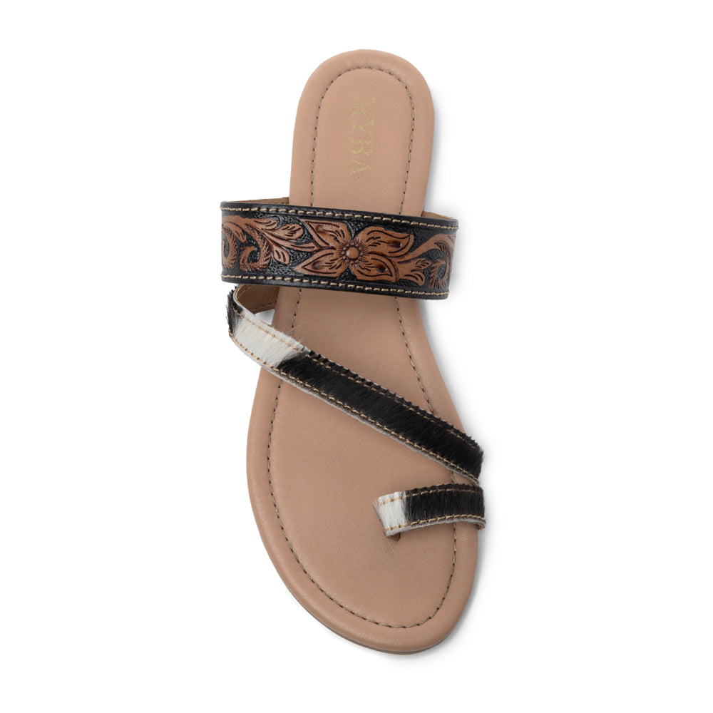 Myra Greta Lee Hair-On Leather Flip Flops for Women - Hand-Tooled Western Slippers with Flat Sole for Everyday Ease