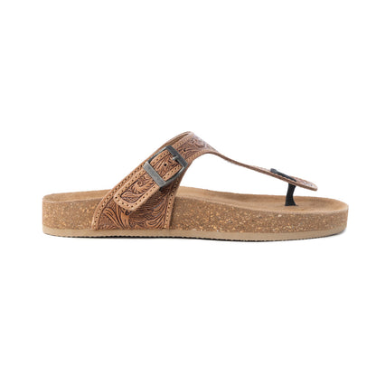 Myra Sadie Mesa Leather Slides for Women - Cushioned Cork Sole, Floral Tooled Finish for Everyday Elegance
