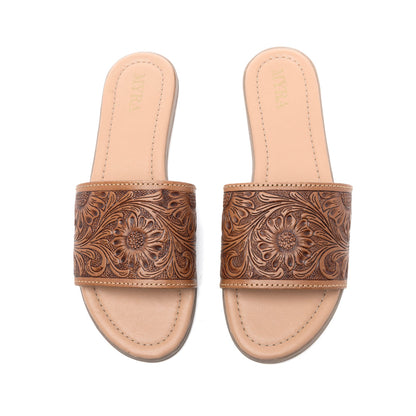 Myra Xena Leather Sandals for Women - Handtooled Floral Pattern Slip-on Sandals for Everyday Bohemian Comfort