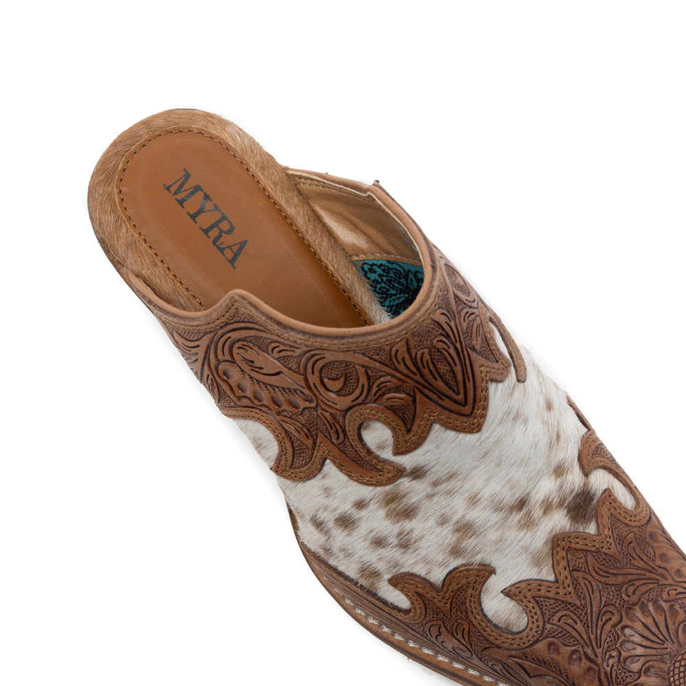 Myra Lacey Leather Mules for Women - Handtooled Leather Mid Top with Hairon Accents for Everyday Rodeo Elegance