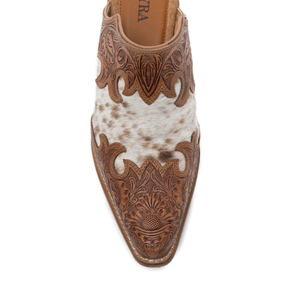 Myra Lacey Leather Mules for Women - Handtooled Leather Mid Top with Hairon Accents for Everyday Rodeo Elegance