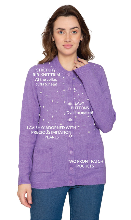Women's Faux Pearl Cardigan in Cashmere-like Soft Knit