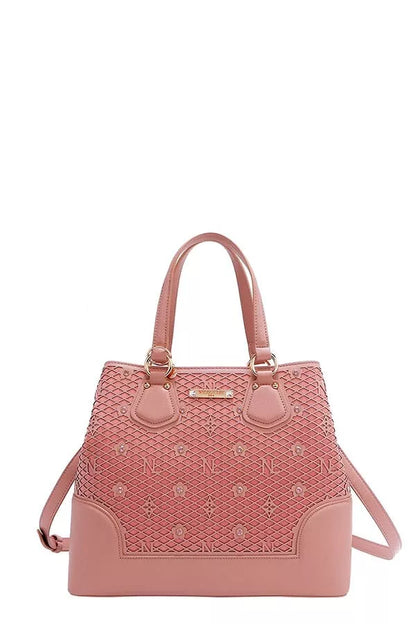 Nicole Lee USA Monogram Pattern Handbag with Rhinestones Decor