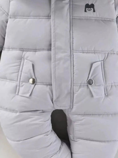 Children's Warm Padded One-Piece Snowsuit with Fur Hood