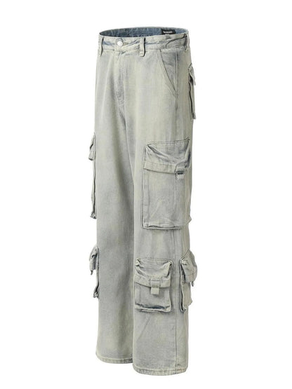 Men's Washed Multi-Pocket Straight Cargo Jeans