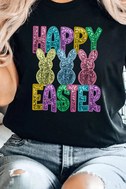 HAPPY EASTER Sequin Bunny Round Neck T-Shirt