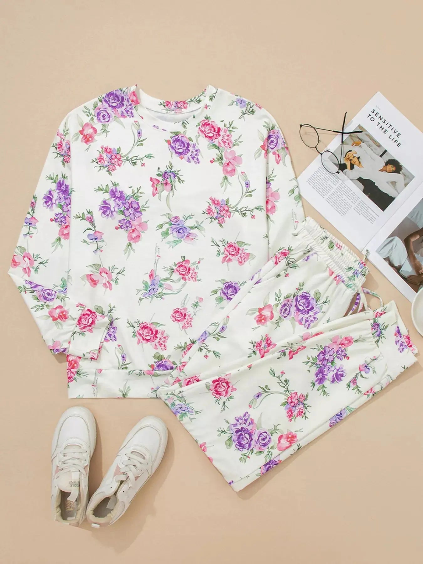 Floral Print Round Neck Top and Drawstring Pants Lounge Set