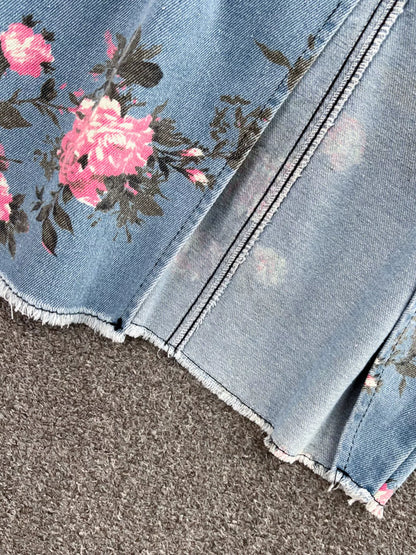 Floral Print Sweetheart Neck Cami and Skirt Denim Set