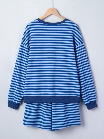 Stripe Drop Shoulder Long Sleeve Pullover Elastic Waist Casual Short Set