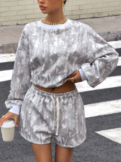 Round Neck Long Sleeve Top & Shorts Set