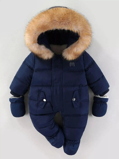 Children's Warm Padded One-Piece Snowsuit with Fur Hood