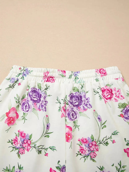 Floral Print Round Neck Top and Drawstring Pants Lounge Set