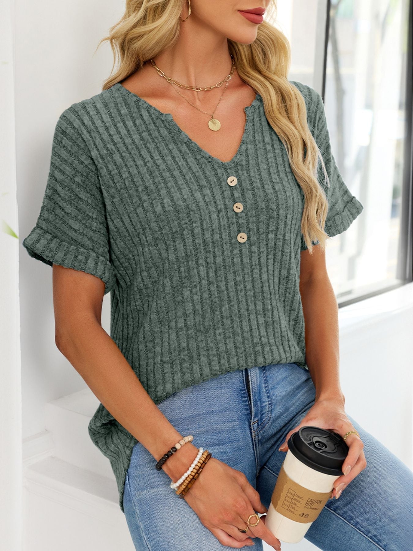 Ribbed Knit Short Sleeve T-Shirt