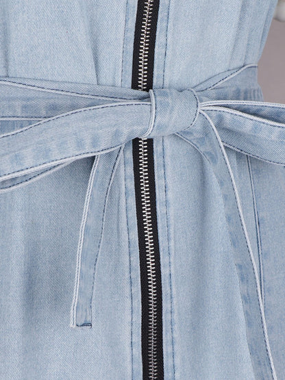 Zip Front Short Sleeve Denim Dress