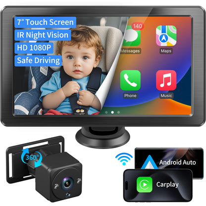 Faninso 7" HD Touchscreen Baby Car Camera - Car Baby Monitor 1080p Ultra Night Vision Invisible Infrared Lights 150° Wide Angle Compatible with Apple CarPlay Easy Installation Fits Most Cars