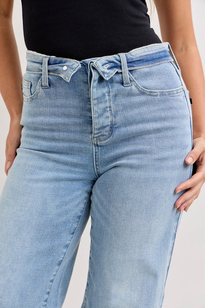 Judy Blue Mid Rise Retro Wide Leg Jeans with Fold-over Waistband