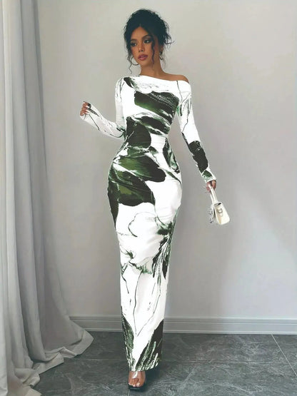 Floral Print One Shoulder Maxi Dress