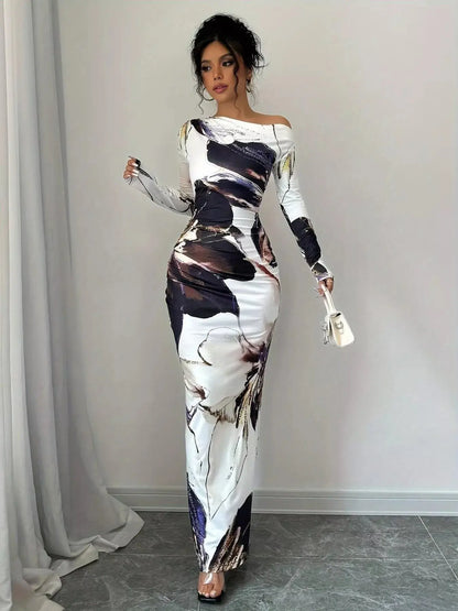 Floral Print One Shoulder Maxi Dress
