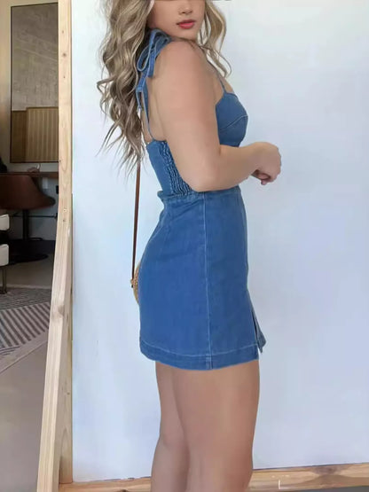 Full Size Tie-Strap Denim Mini Dress Plus Size